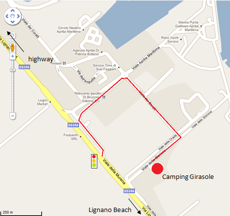 Mappa dettagliata per raggiungere il Camping Girasole ad Aprilia Marittima